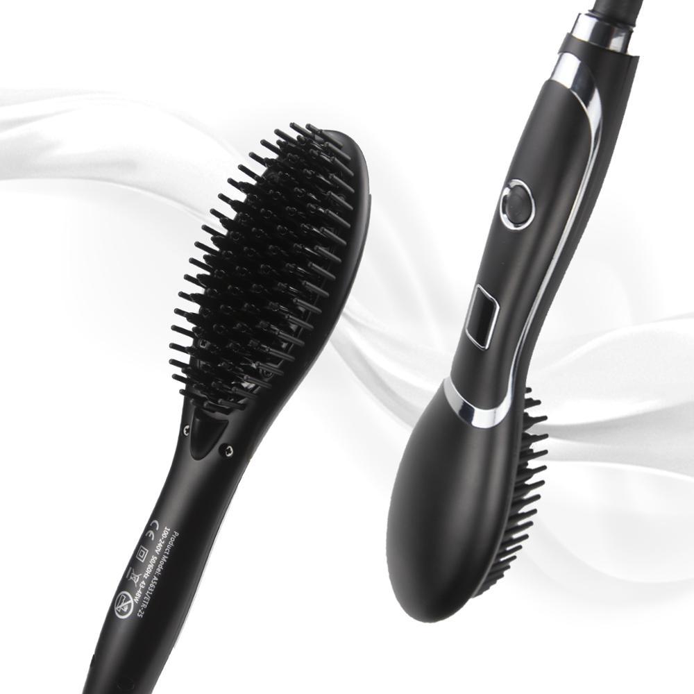 Black hairbrush with bristle head and sleek handle on a white background