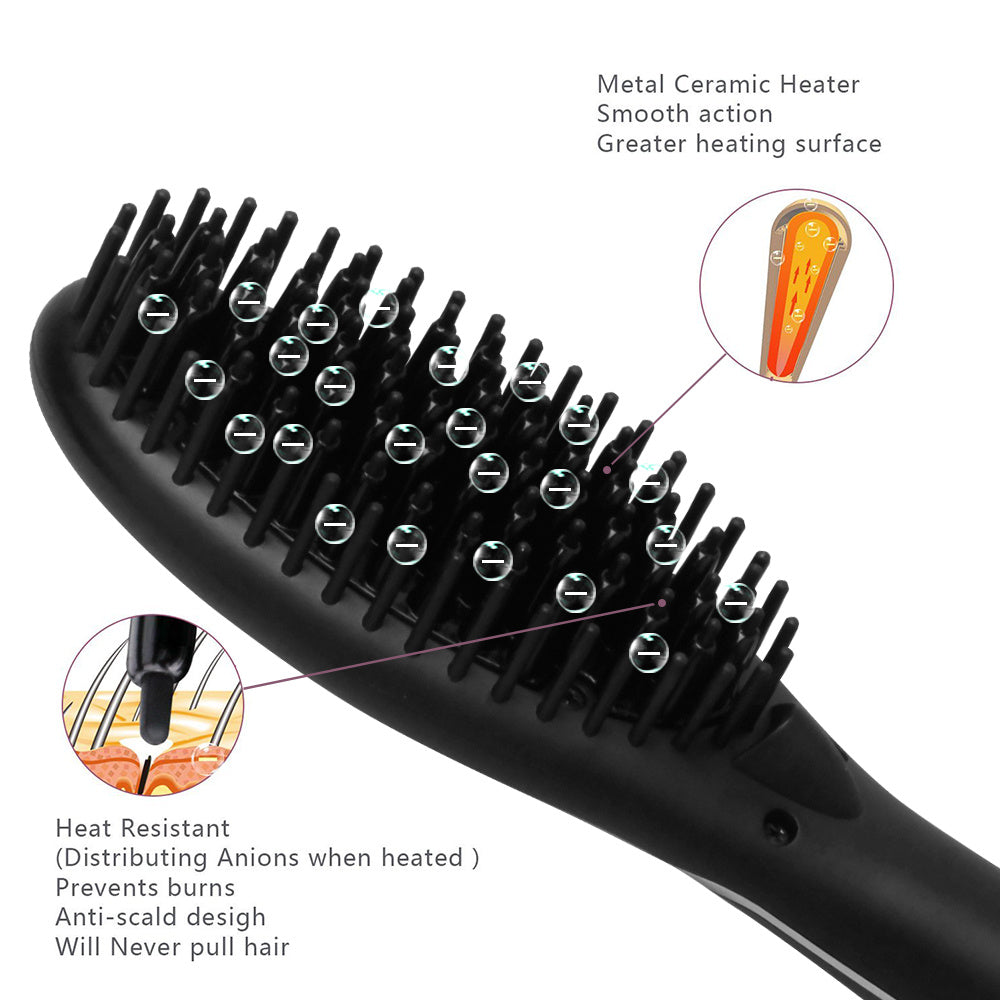 Black hairbrush with metal ceramic heater and heat-resistant features on a white background