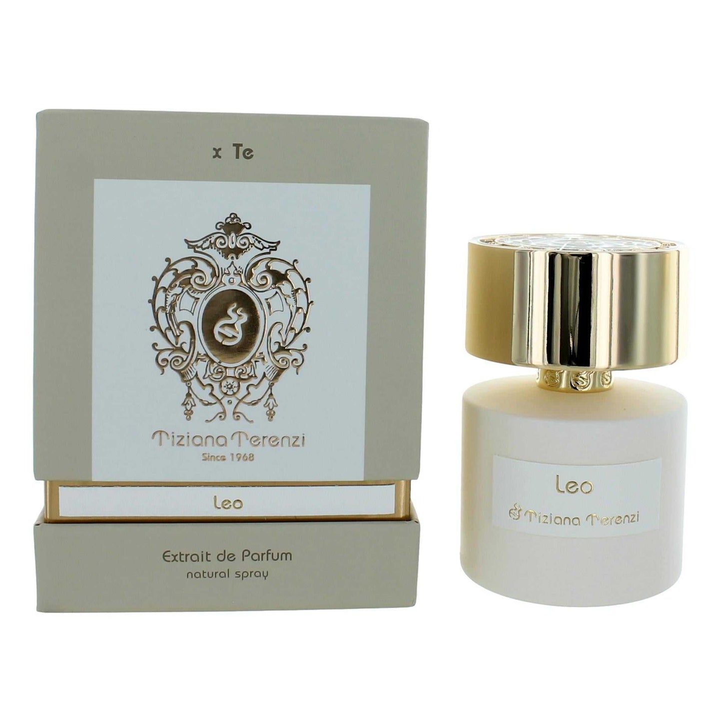Unisex extrait de parfum spray bottle with gold cap, shown with matching box