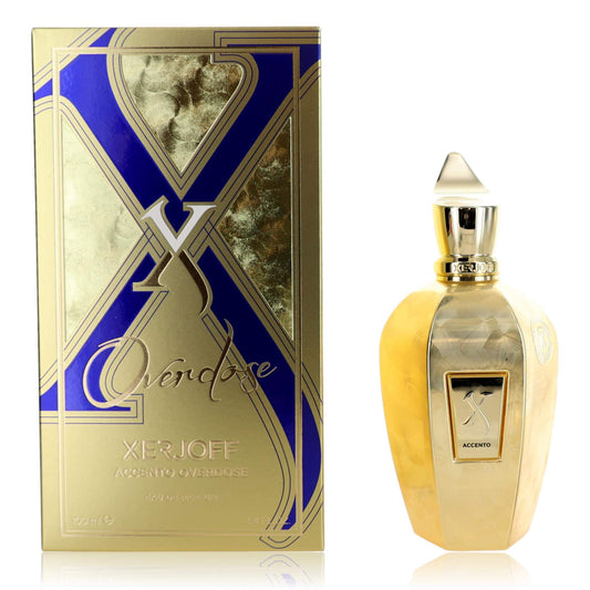 Gold Xerjoff perfume bottle and packaging on a white background