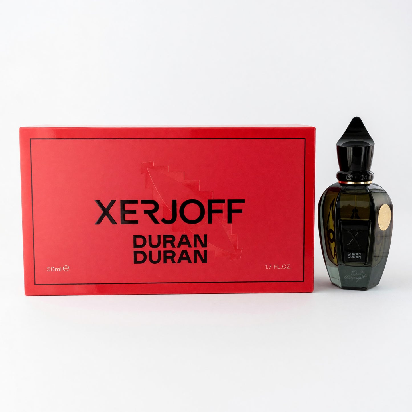 Xerjoff Duran Duran perfume set with red box and dark glass spray bottle, 1.7 oz EDP