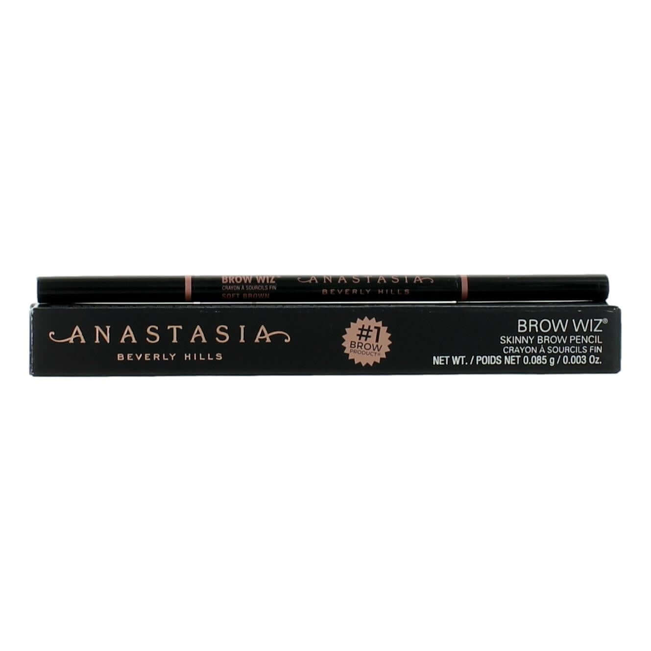 Skinny brow pencil in Soft Brown, black tube with Anastasia branding and #1 Brow.