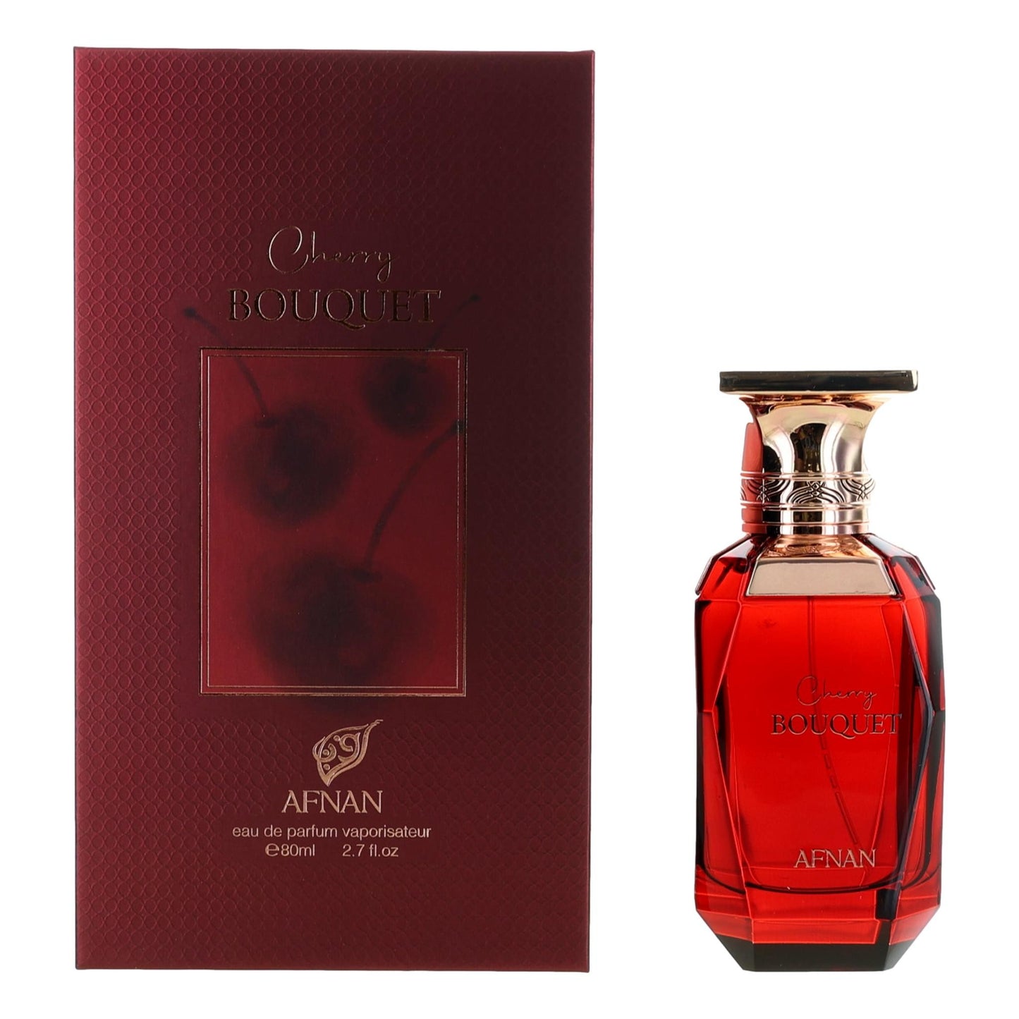Women’s perfume set: dark cherry red bottle with Afnan Bouquet box
