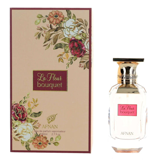 La Fleur Bouquet by Afnan, 2.7 oz EDP Spray for Women packaging and bottle displayed