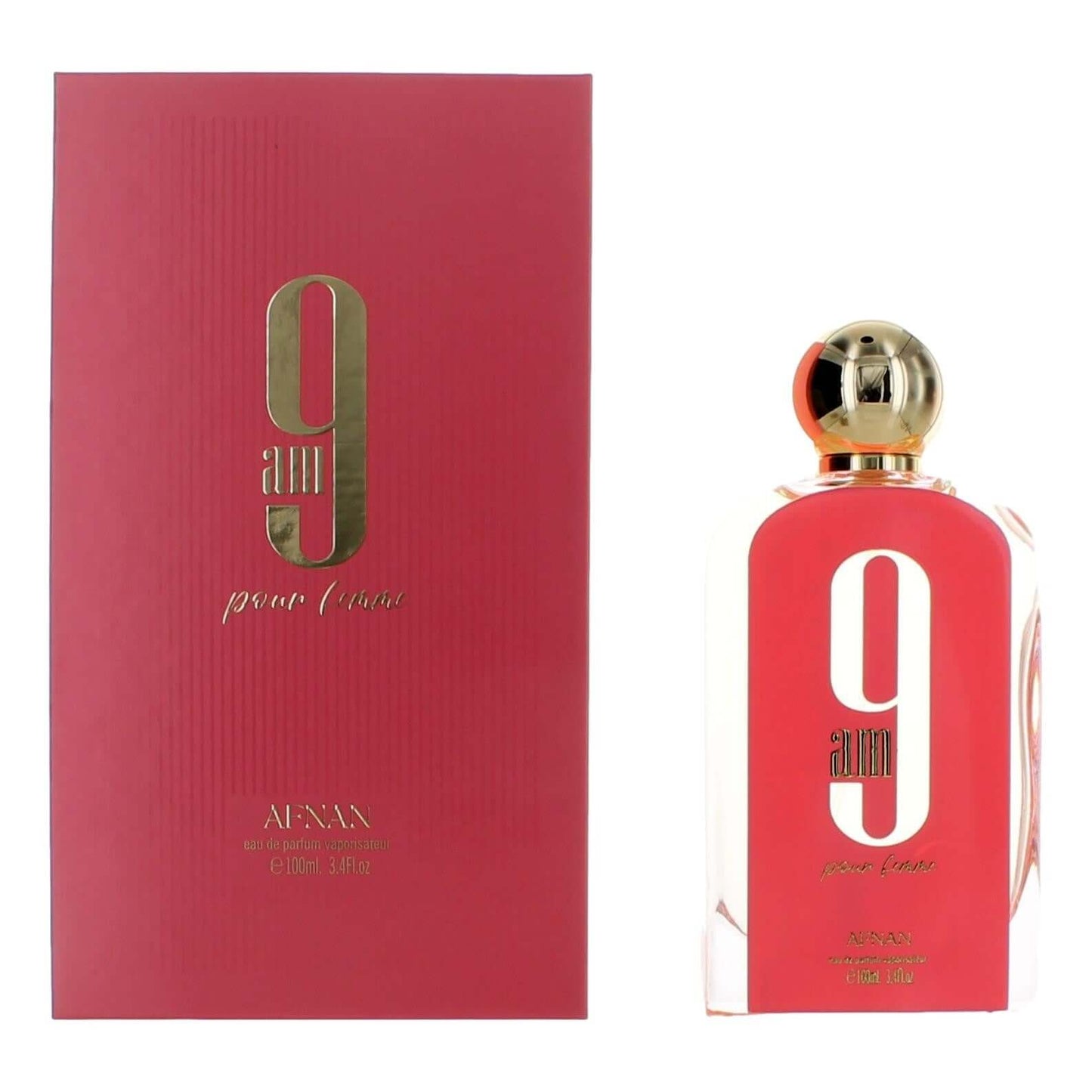 9 AM by Afnan women’s EDP spray bottle with 9 AM logo and matching box