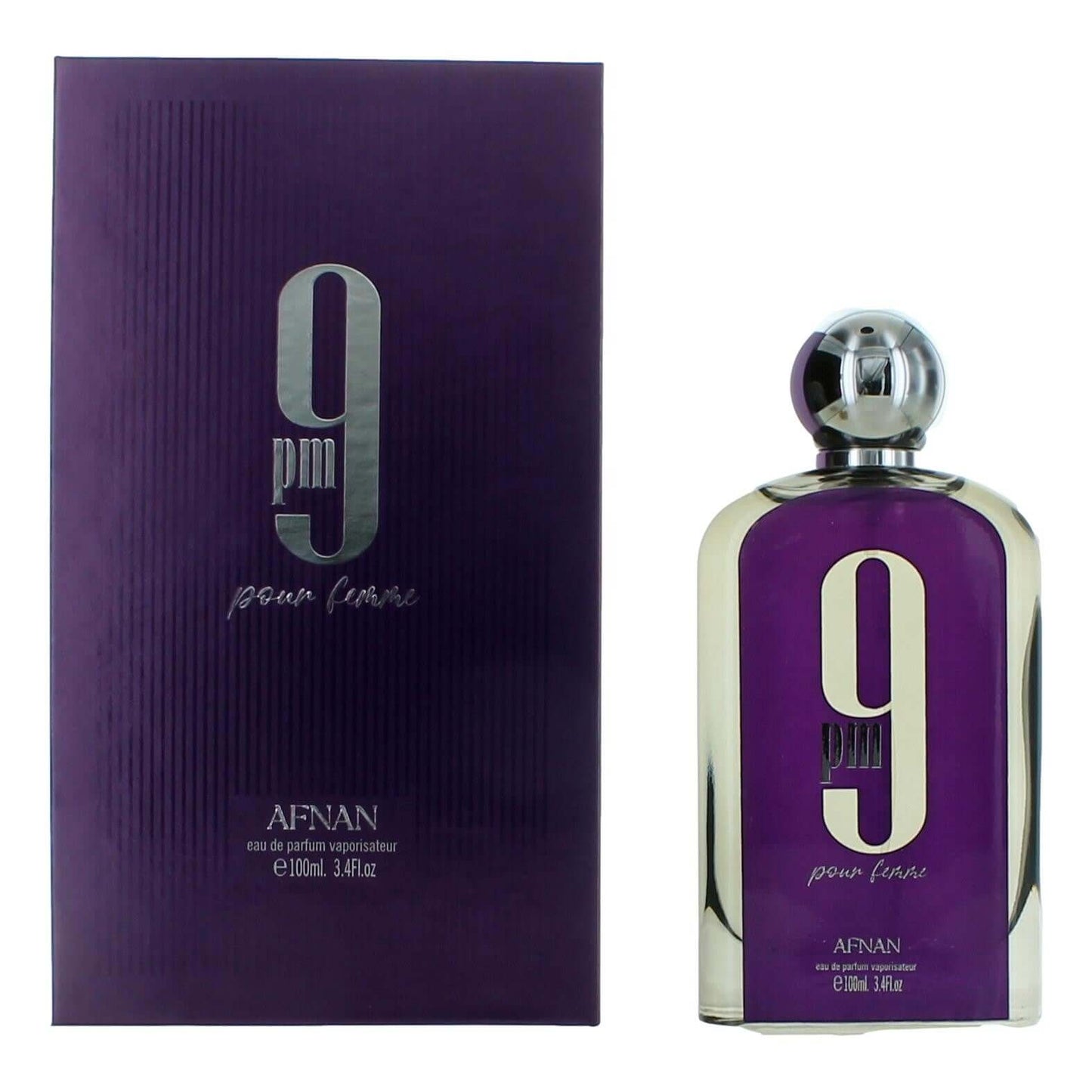 9 PM by Afnan, 3.4 oz EDP Spray for Women in a purple box and bottle