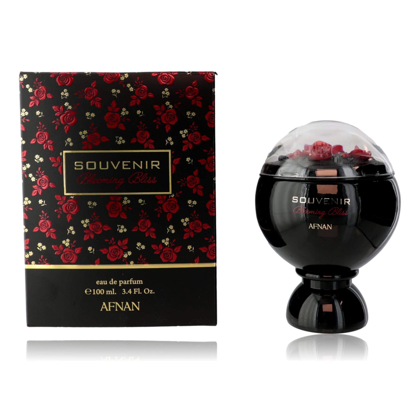 Afnan Souvenir Blooming Bliss EDP spray, box and spherical bottle with red rose pattern