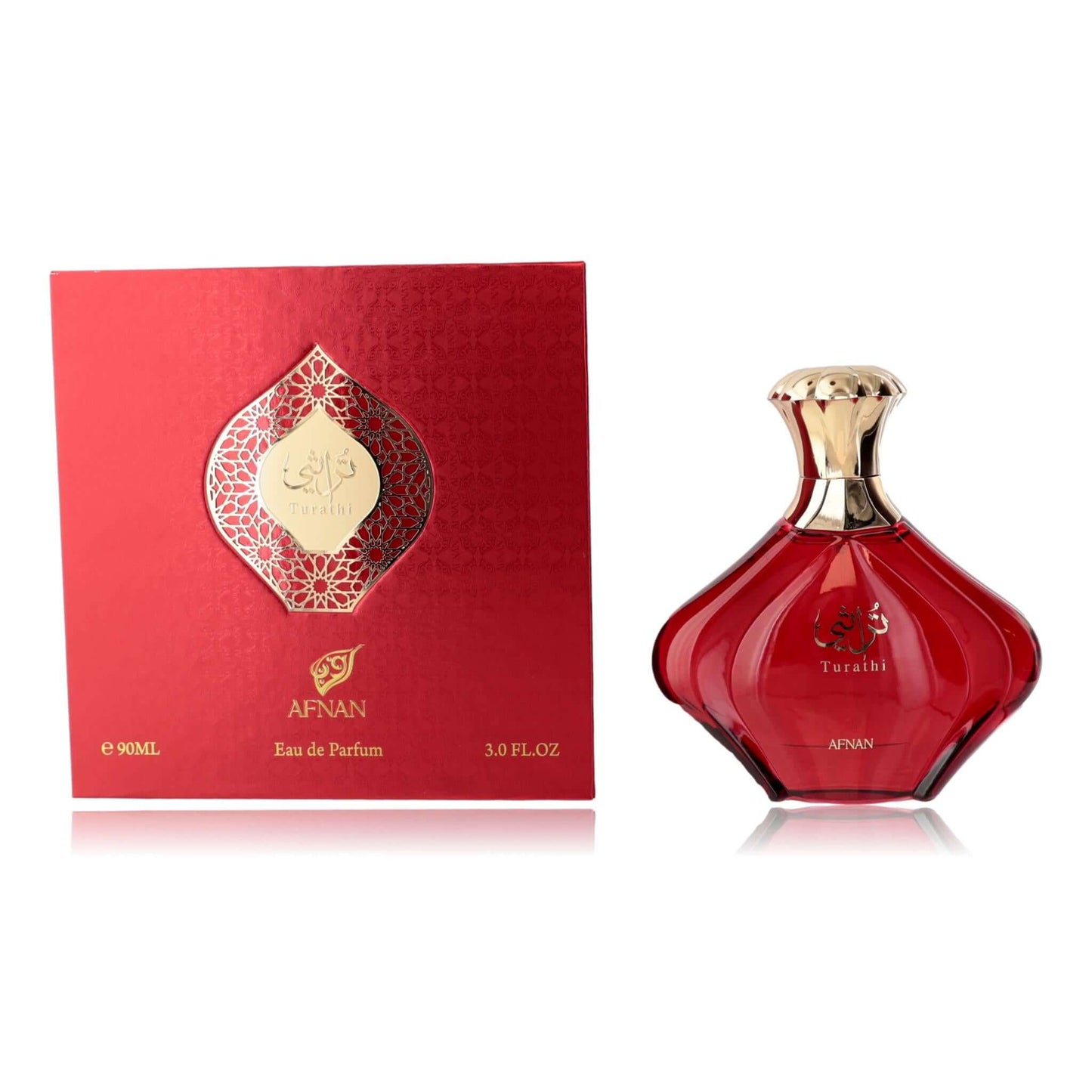 Red EDP spray bottle with gold cap and matching red Afnan Turathi box