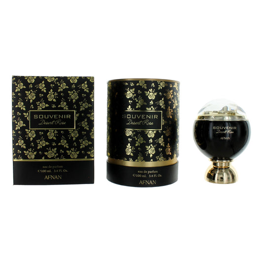 Women's EDP spray set with black gold floral box and cylindrical bottle and spray bottle