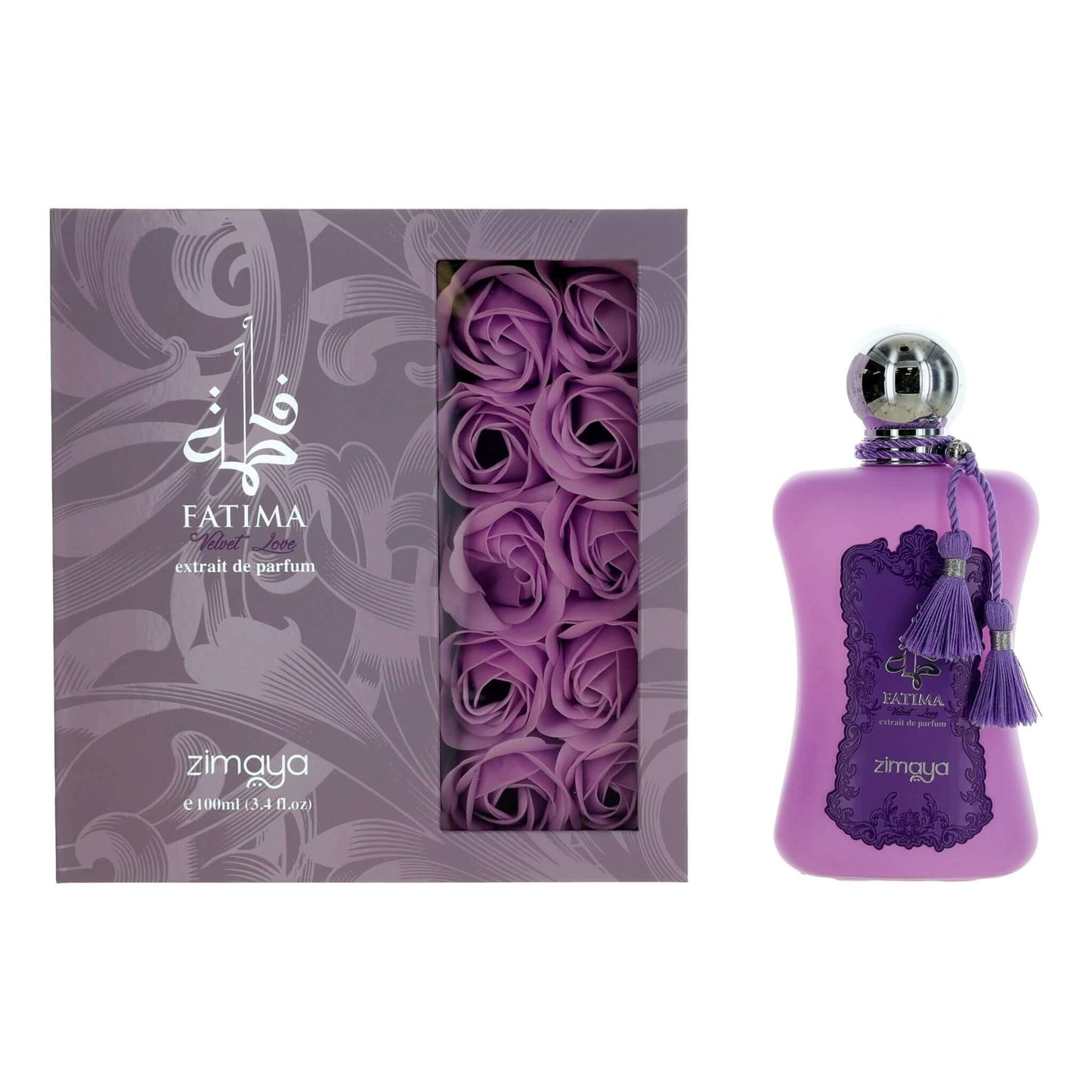 Zimaya Fatima velvet love extrait de parfum spray bottle in purple glass with tassel
