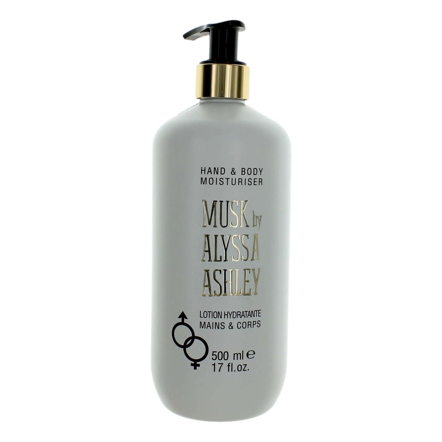 Hand & body moisturiser bottle with gold pump, Musk by Alyssa Ashley label