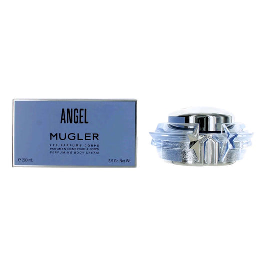 Angel by Thierry Mugler, 6.9 oz Perfuming Body Cream for Women in blue packaging with a star-shaped design.