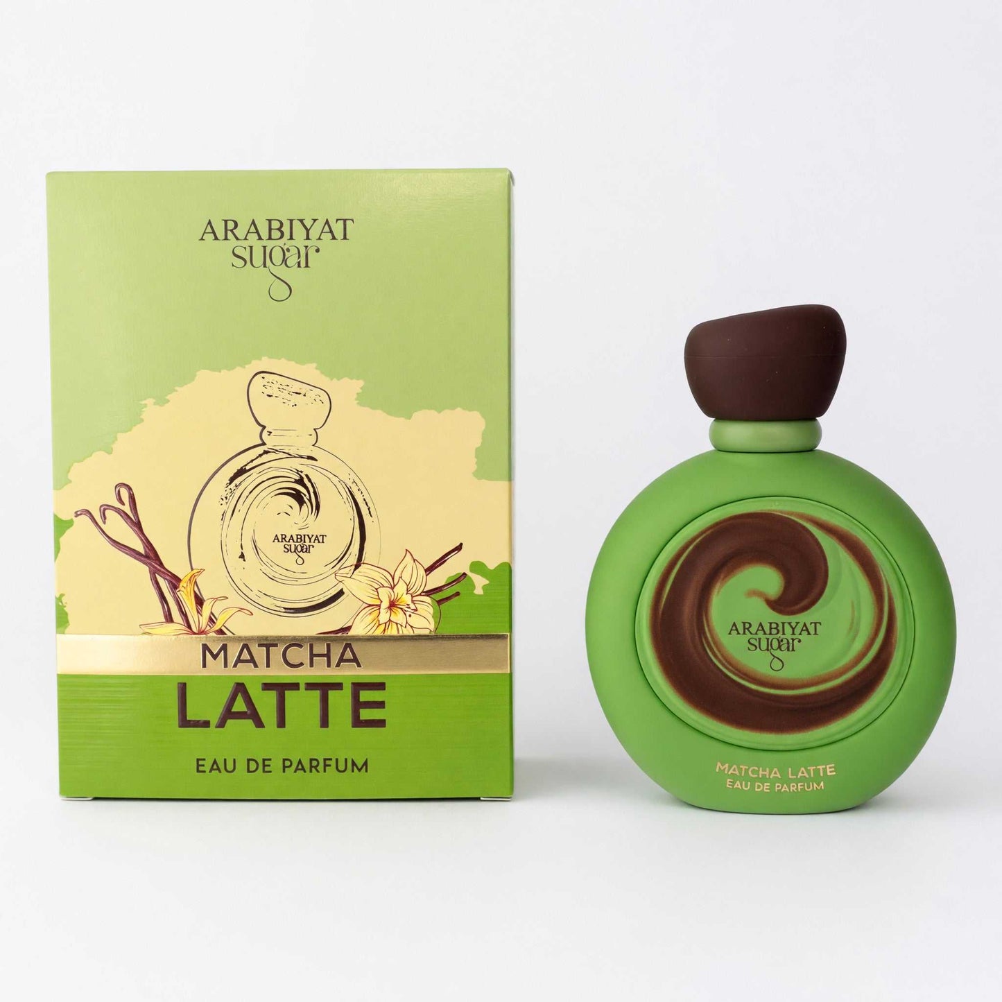 Arabiyat Sugar Matcha Latte Eau de Parfum set: green bottle with cap and green box.