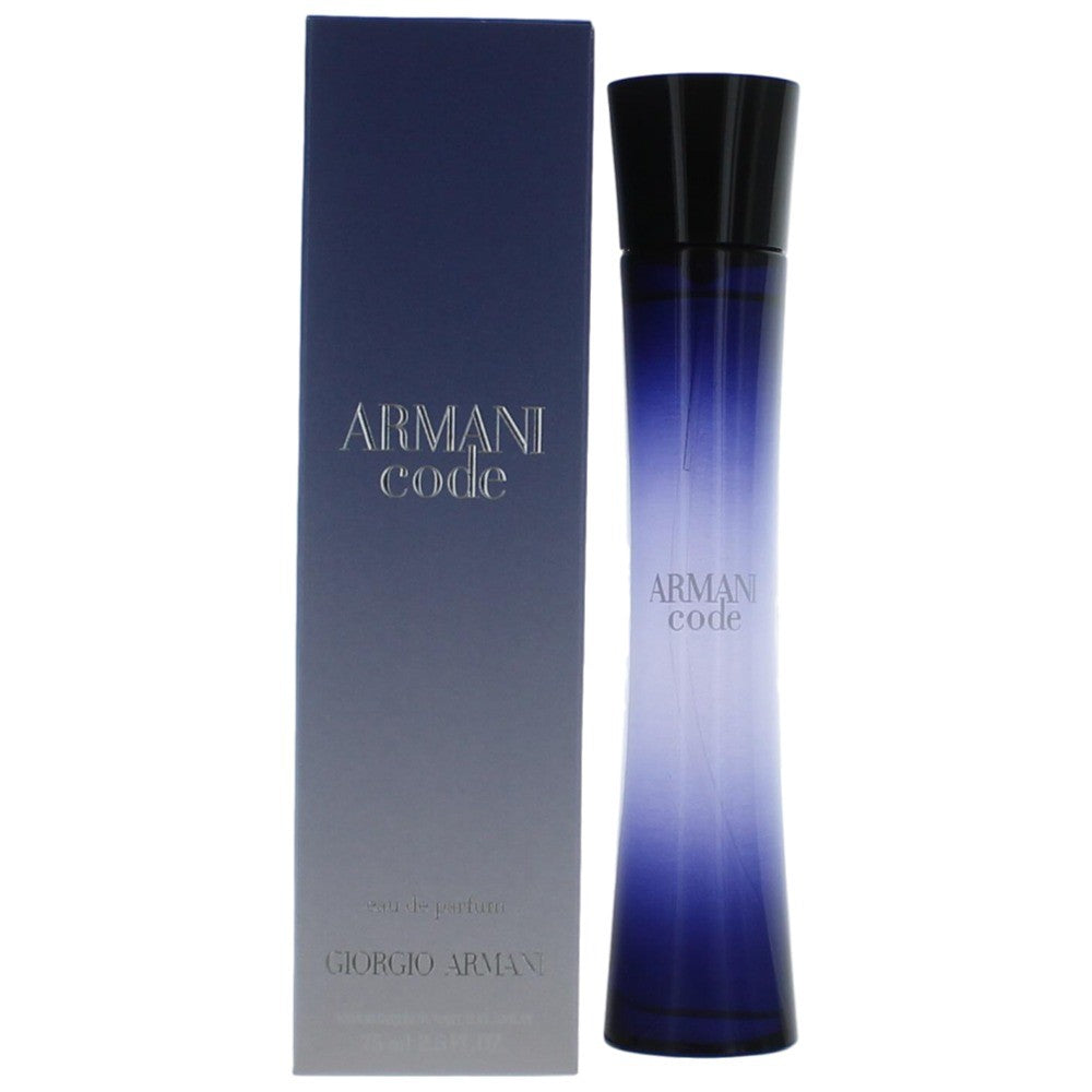 Armani Code EDP spray bottle with dark blue box and black cap