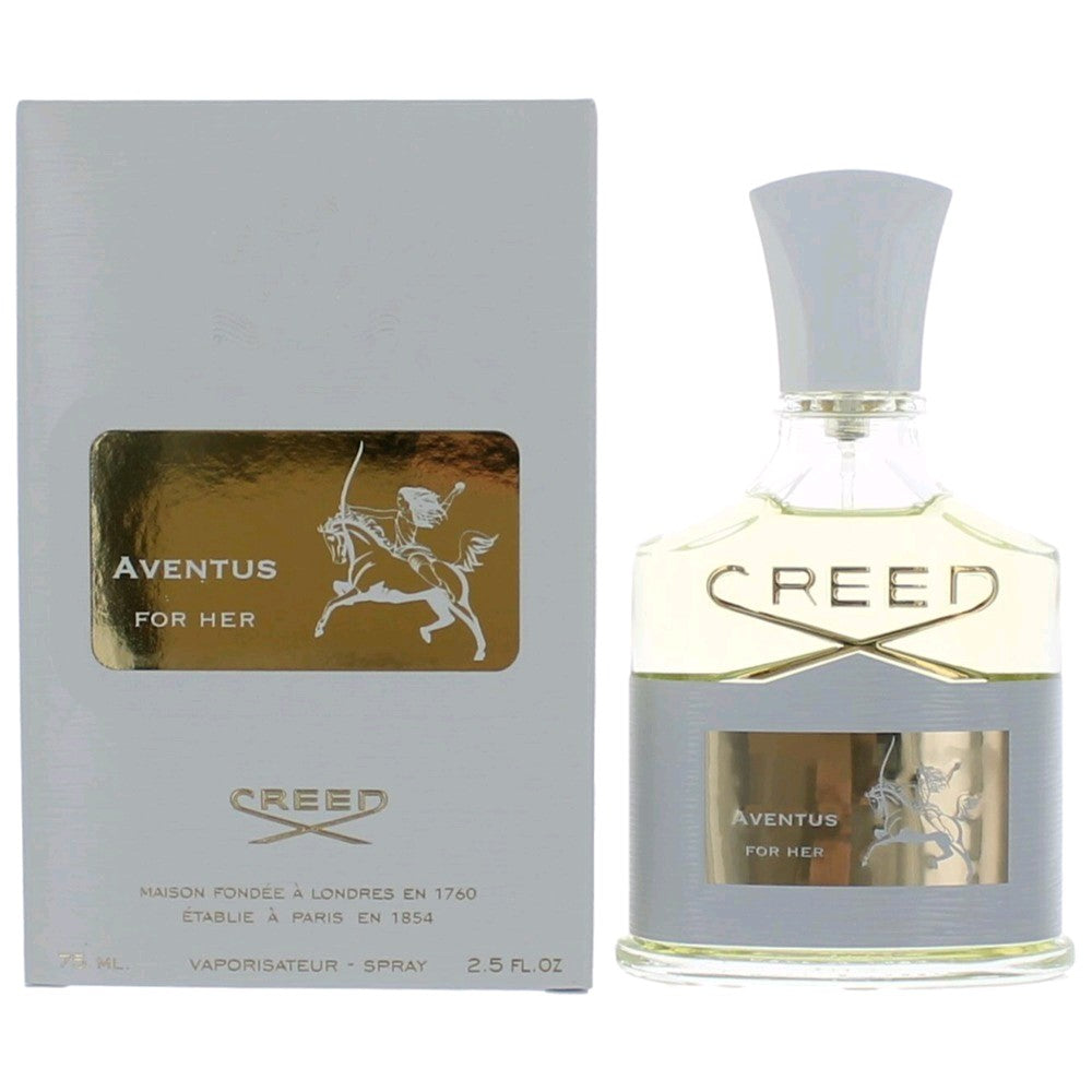 Clear glass perfume bottle with white cap and Creed label, in gray Aventus box