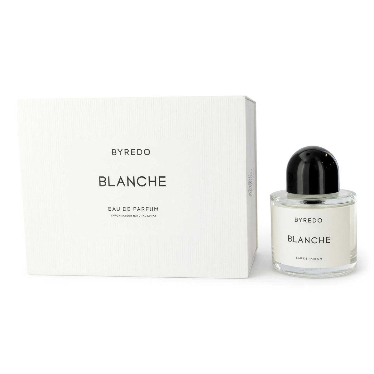 Byredo Blanche eau de parfum spray bottle with black cap, 3.4 oz