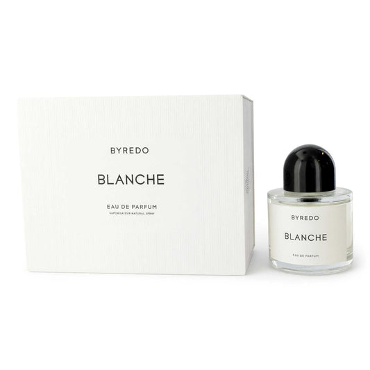 Byredo Blanche eau de parfum spray bottle with black cap, 3.4 oz