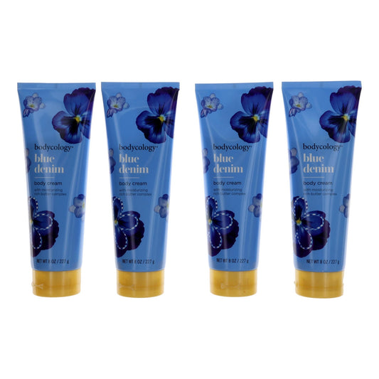 bodycology blue denim body cream 4-pack, four blue squeeze tubes