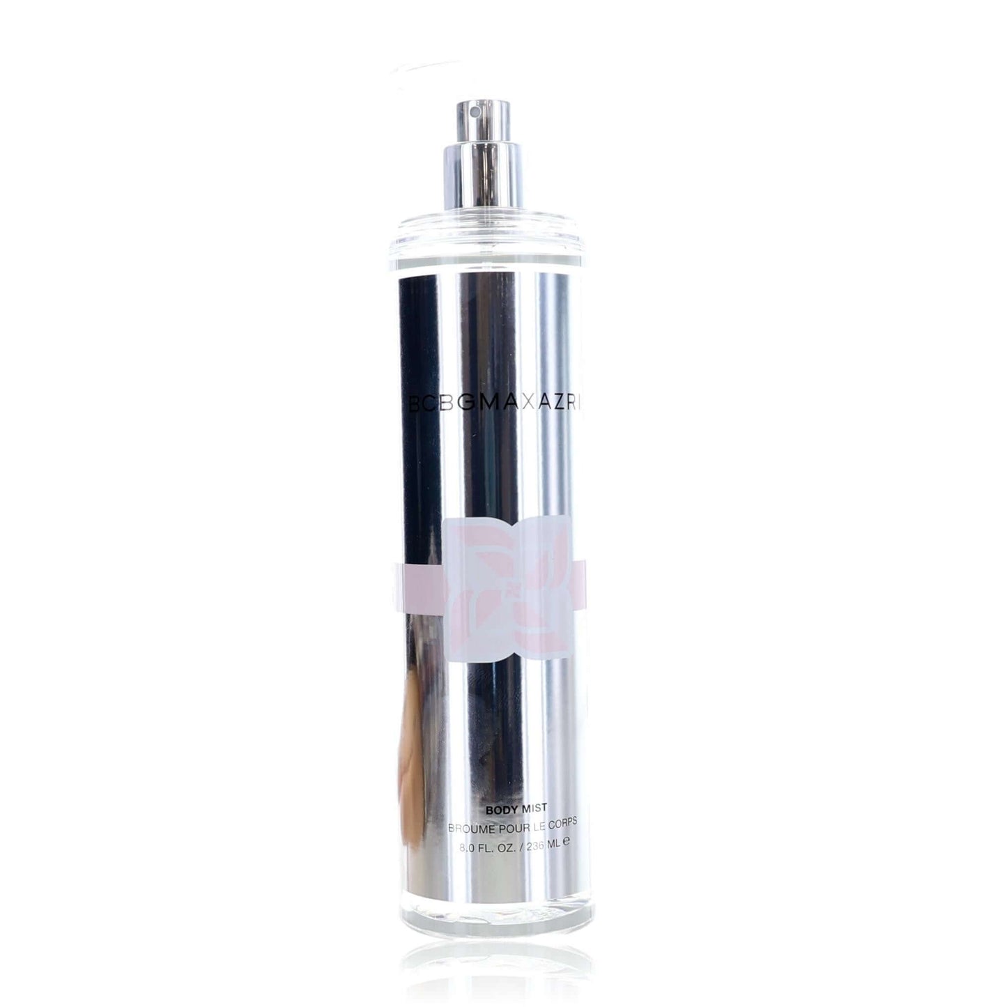 Women’s body mist bottle with clear body, silver spray cap, and pink label band