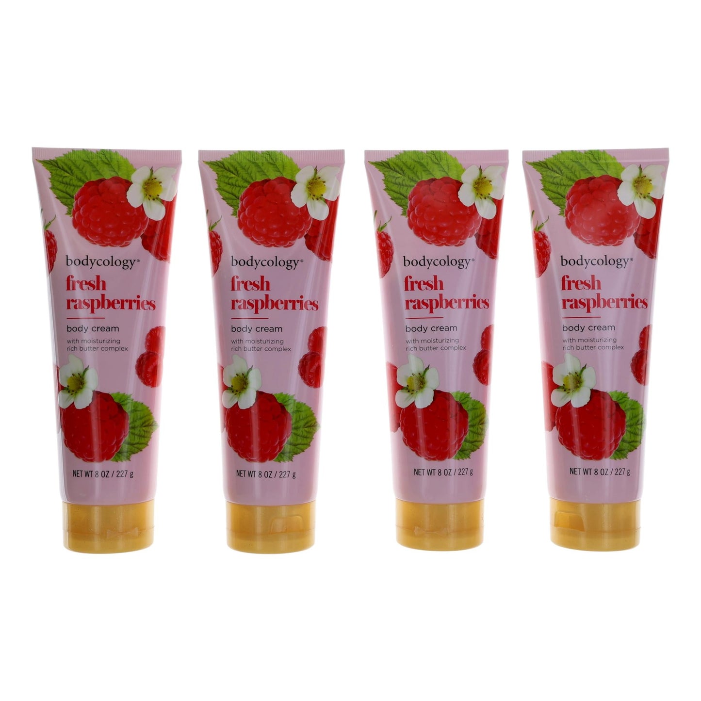 4-pack raspberry body cream tubes with pink labels and gold caps, women’s moisturizer