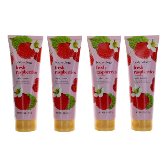 4-pack raspberry body cream tubes with pink labels and gold caps, women’s moisturizer