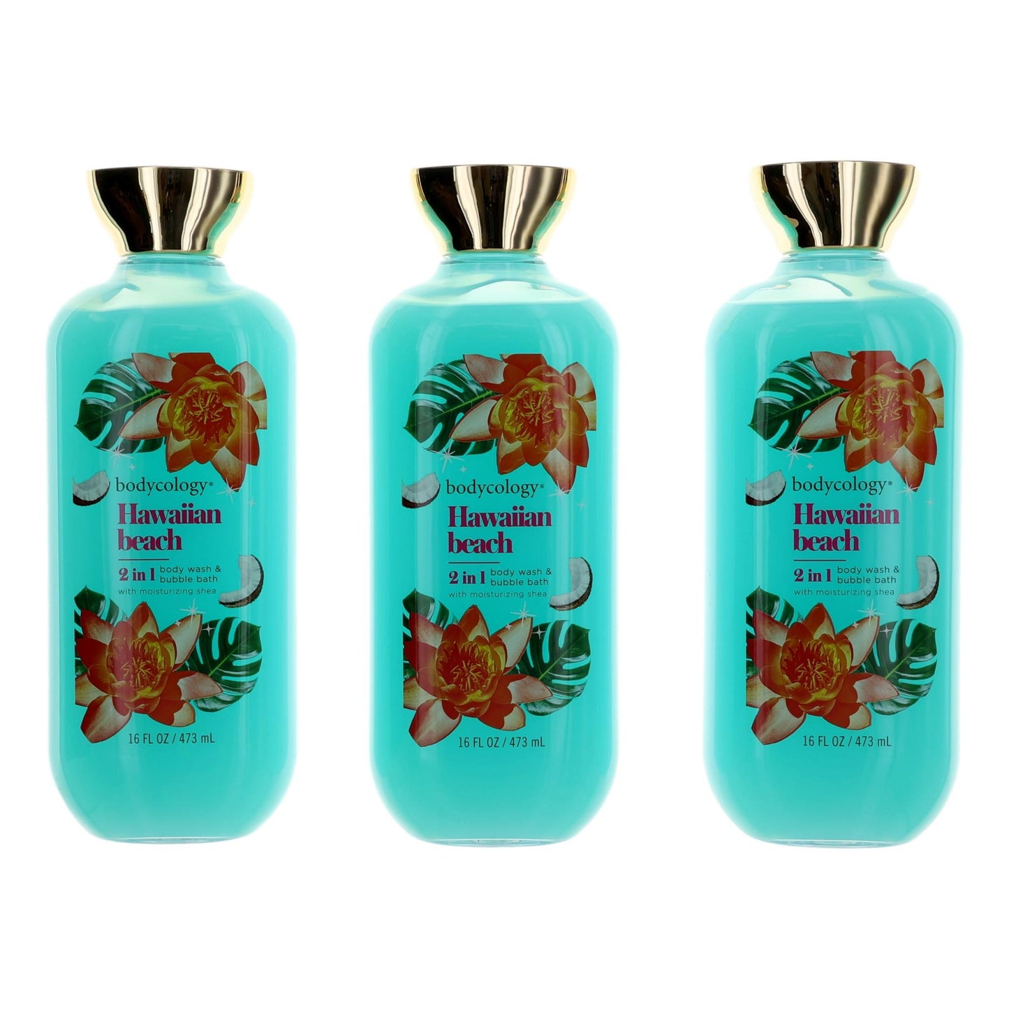 3-pack Hawaiian Beach body wash and bubble bath, turquoise bottles with gold tops