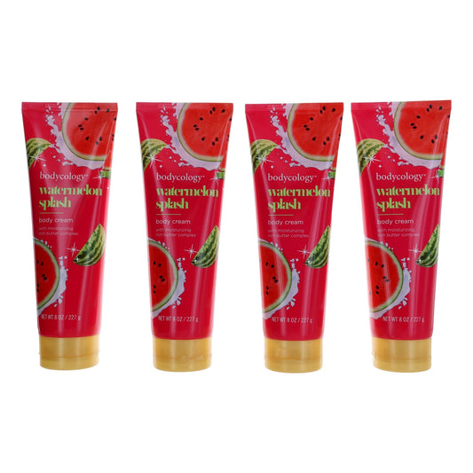 Bodycology Watermelon Splash moisturizing body cream, four red tubes with watermelon print