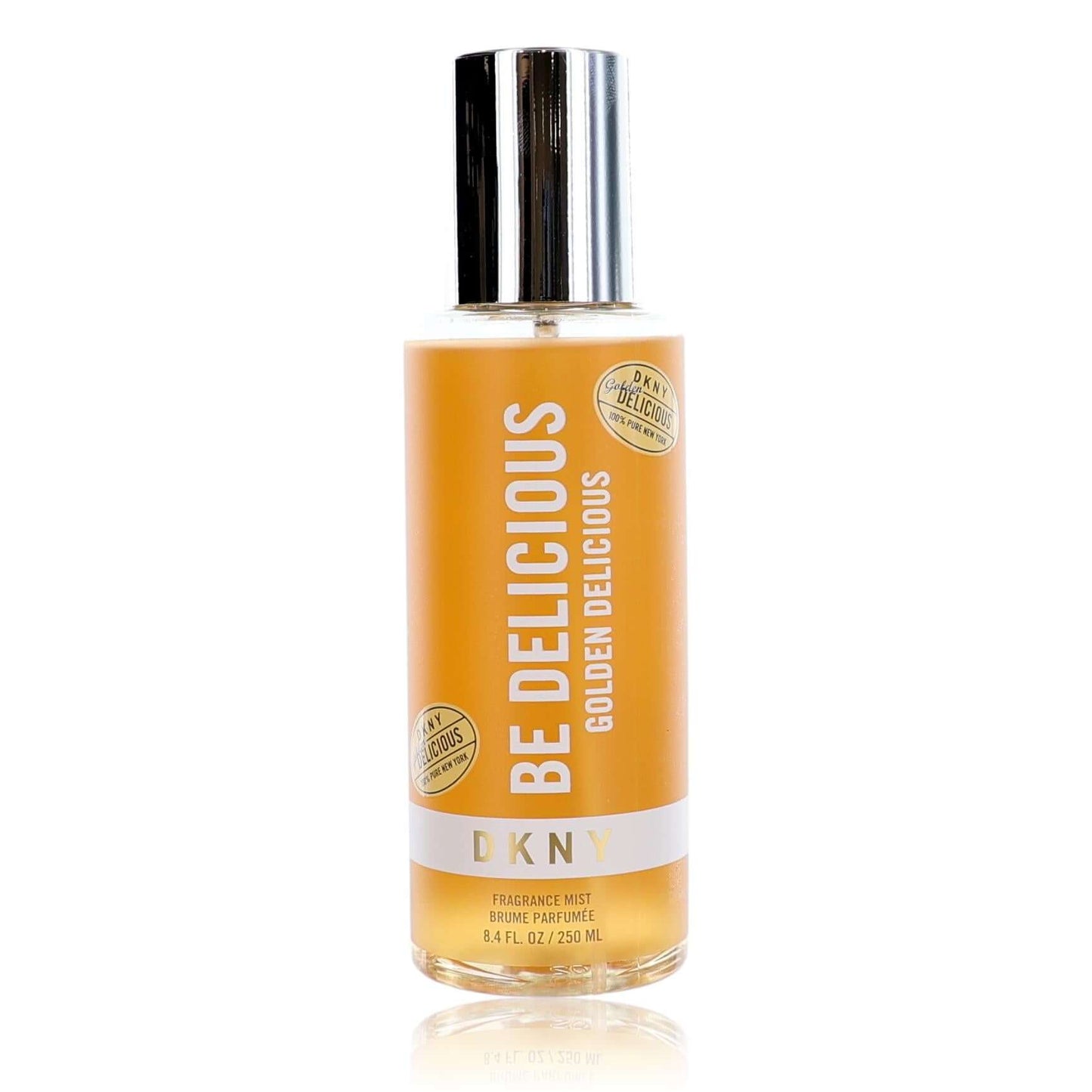 Golden body mist bottle with silver spray cap, DKNY label