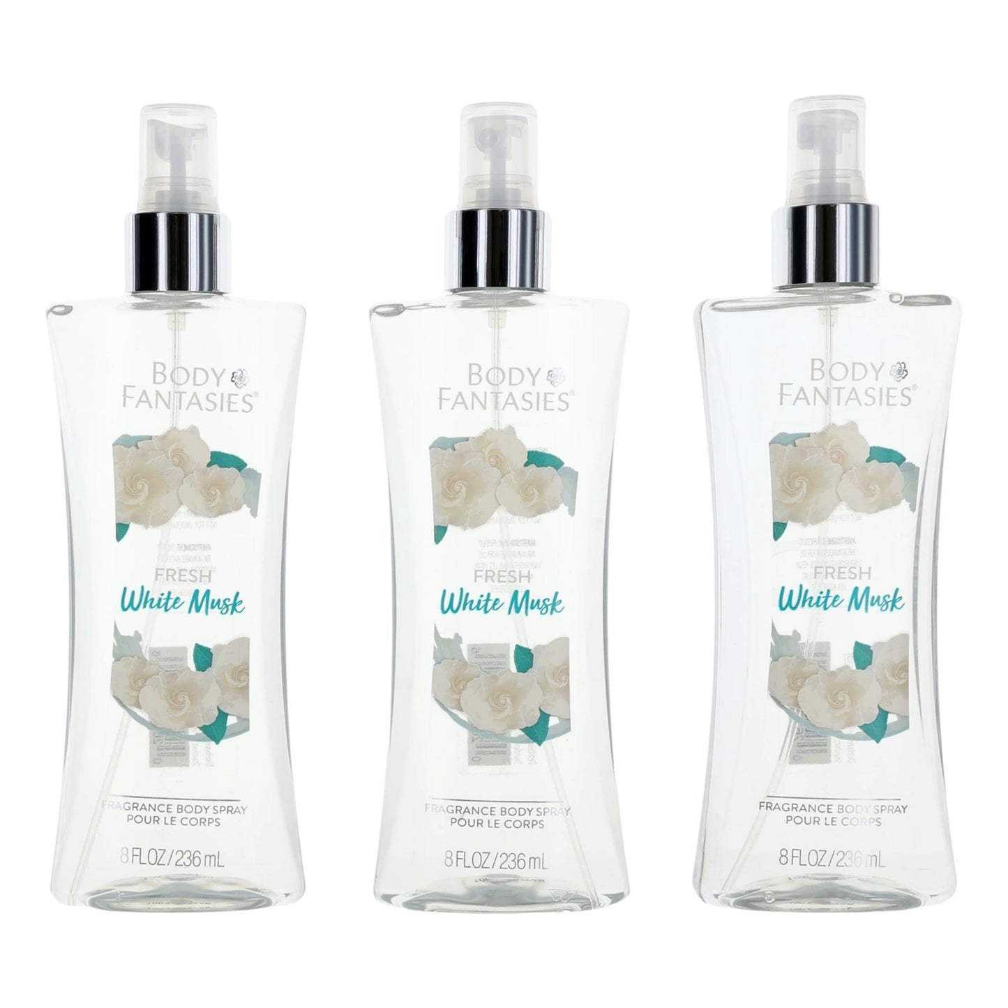 3-pack Fresh White Musk fragrance body spray bottles, Body Fantasies, 8 oz each