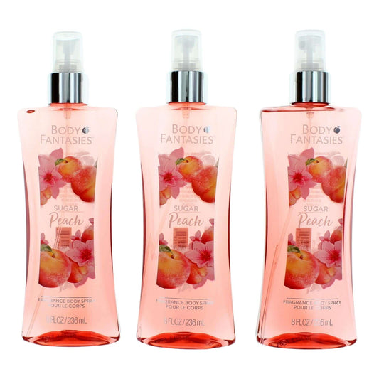 Sugar Peach by Body Fantasies, 3 Pack 8oz Fragrance Body Spray women in a chic display.
