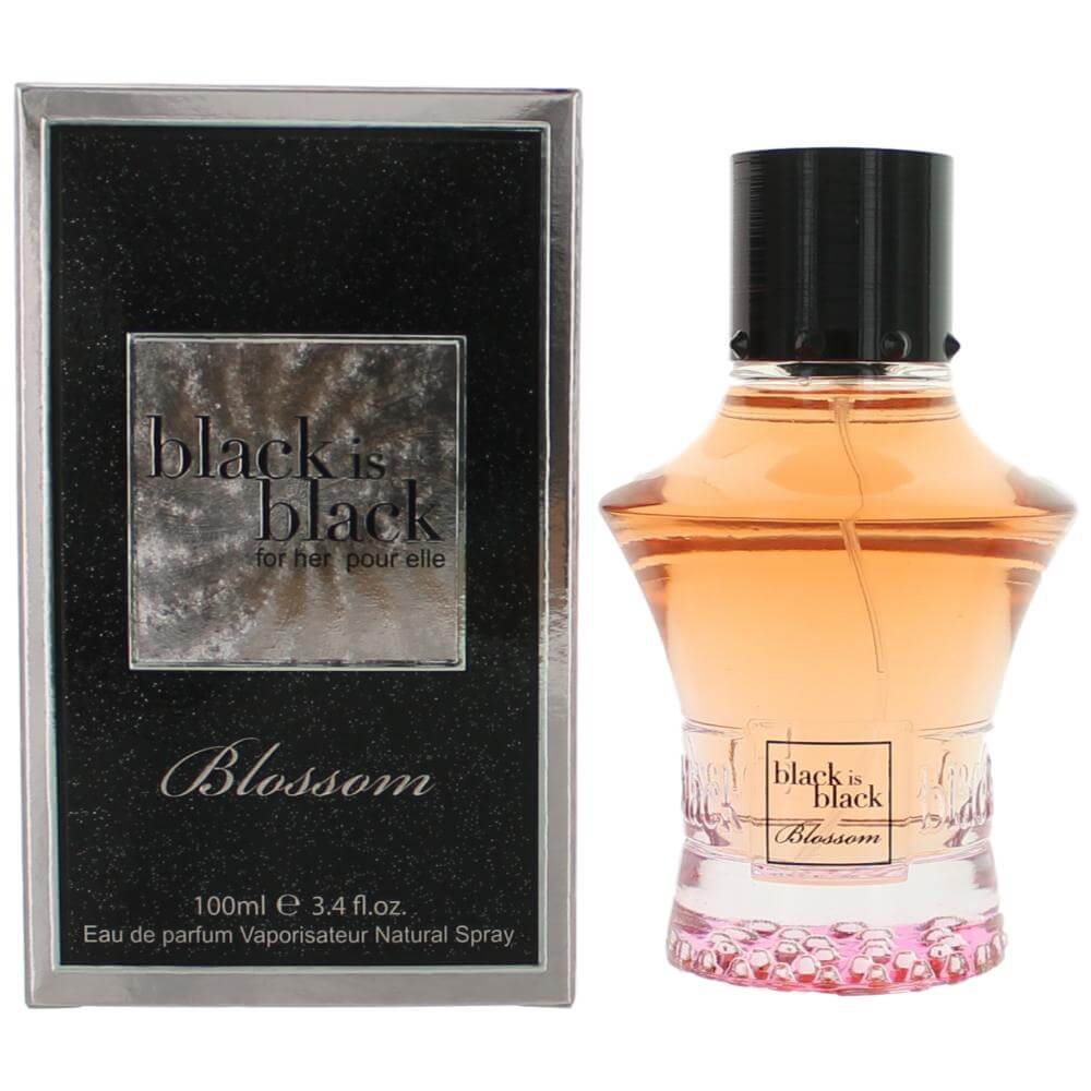 NuParfums Black is Black Blossom EDP spray perfume bottle with boxed packaging