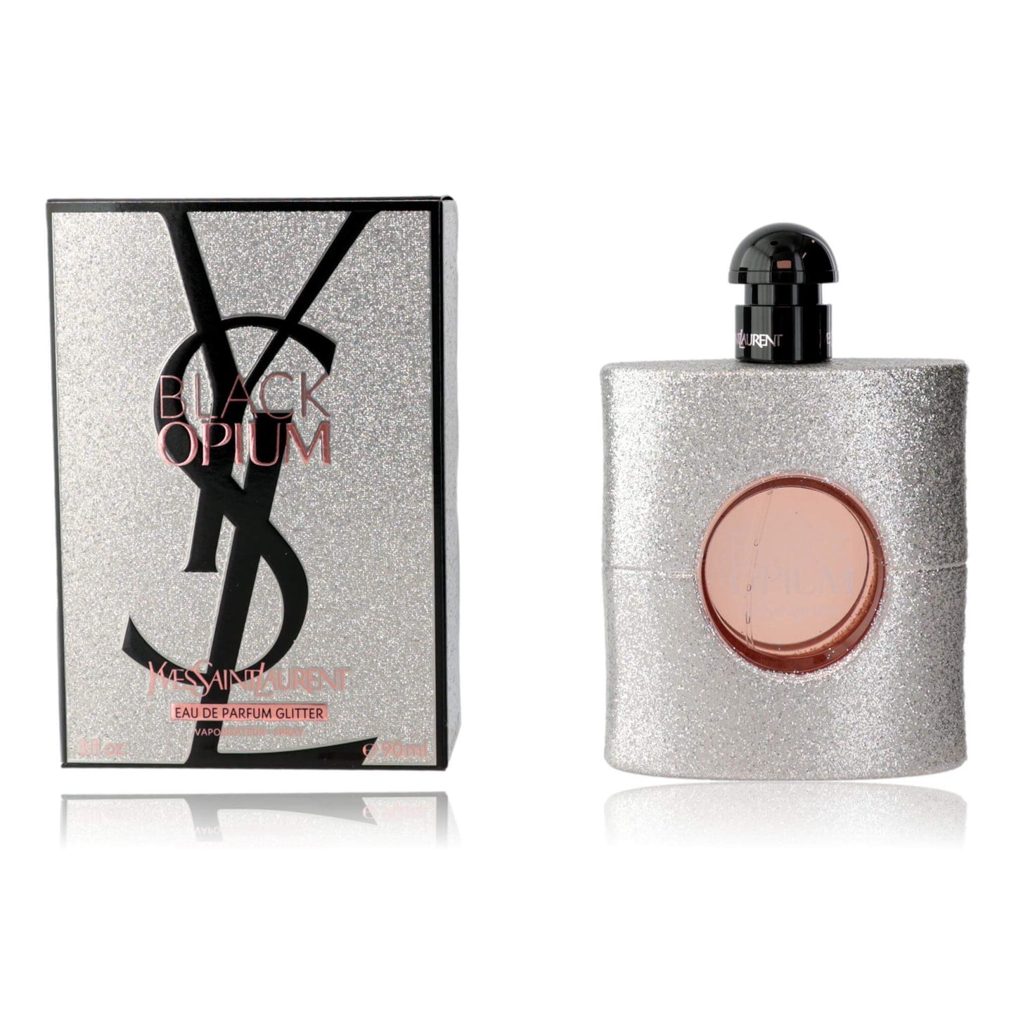 Sparkly silver perfume bottle and box, black cap, circular rose-gold label