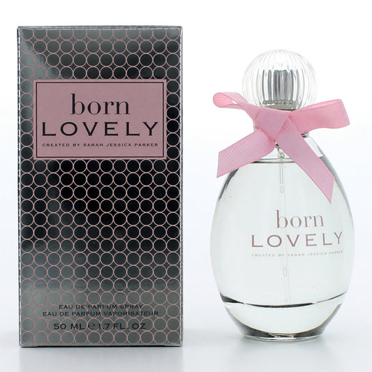 Women's eau de parfum spray bottle with pink bow and born LOVELY label, 50 mL.
