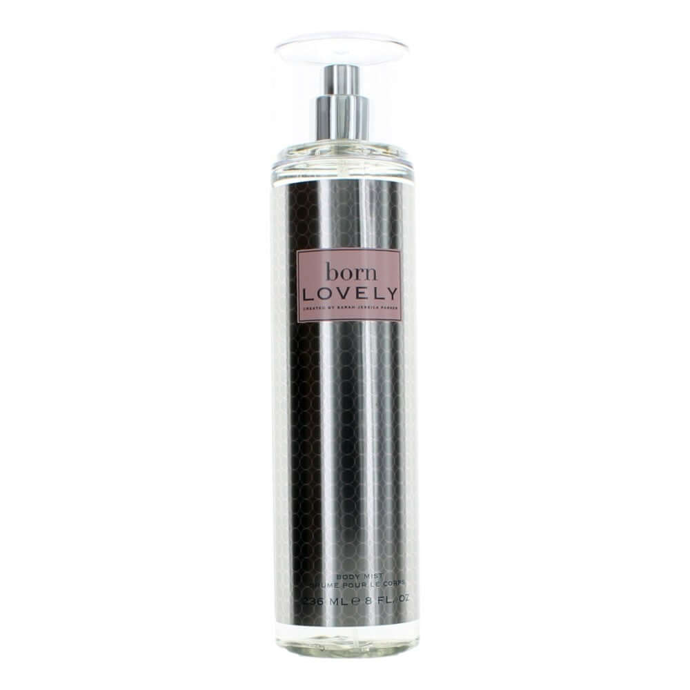 Born Lovely body mist bottle with clear cap and pump, dark label