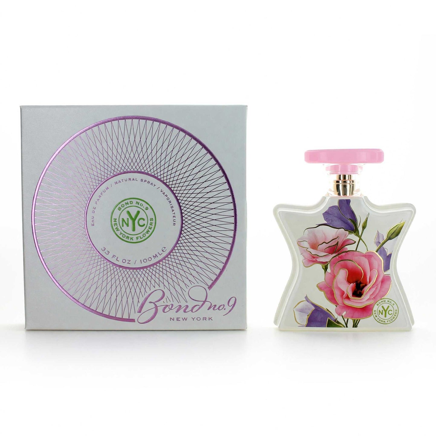 Floral EDP spray bottle with pink cap and matching box, Bond No.9 NYC design