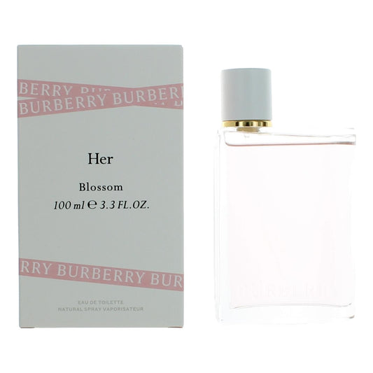 Women's EDT perfume spray bottle with clear body, gold cap, and gray box