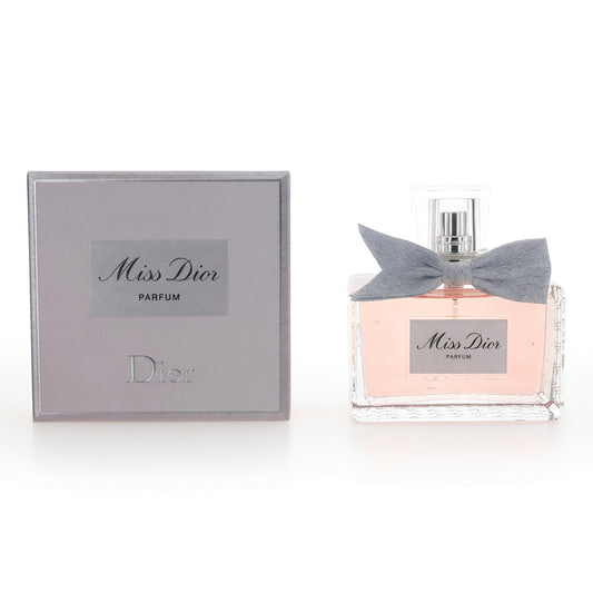 Miss Dior perfume spray bottle with bow, shown with matching gray gift box