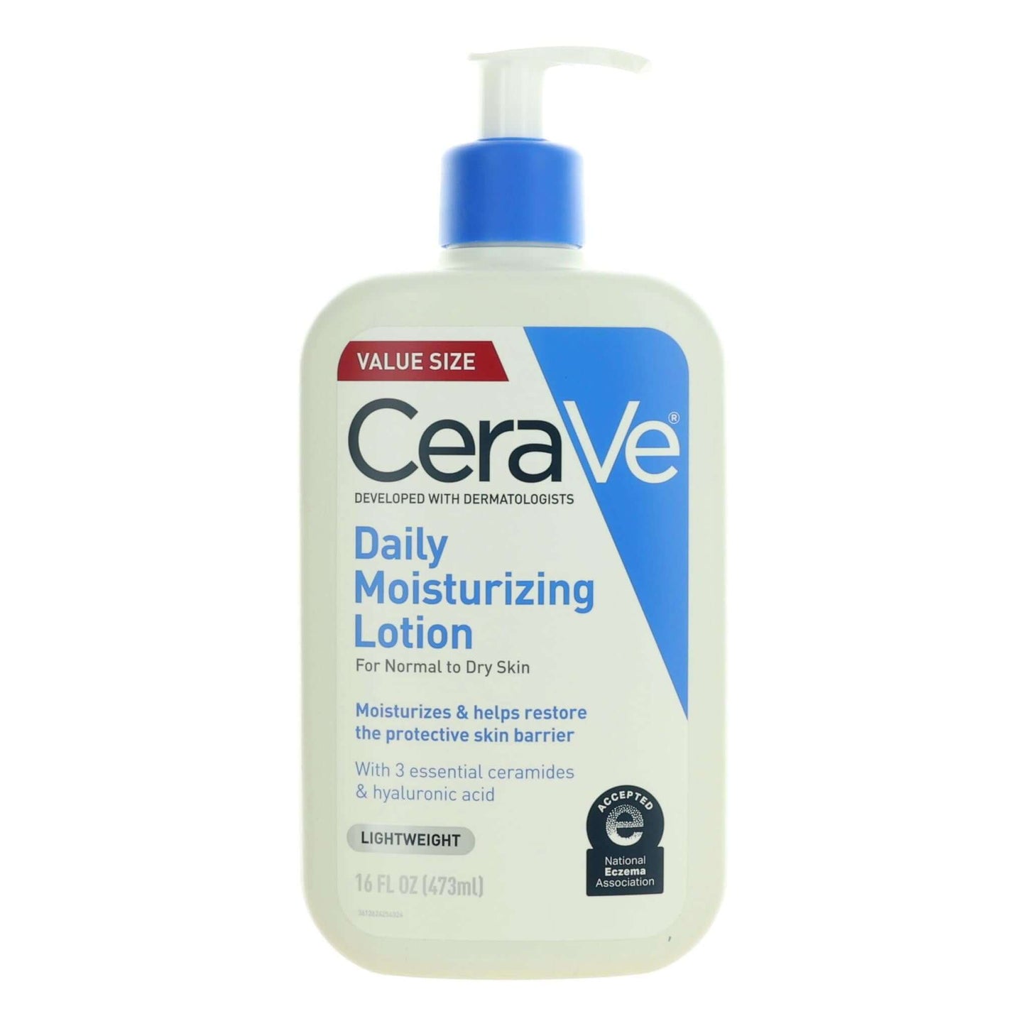 CeraVe Daily Moisturizing Lotion bottle, white with blue pump and label, 16 fl oz