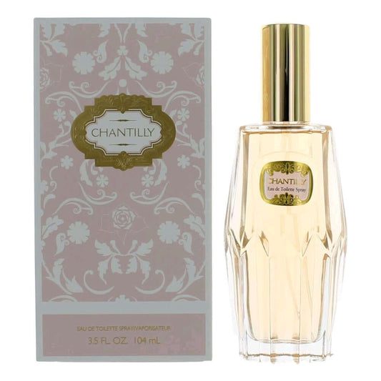 Chantilly by Dana, 3.5 oz EDT Spray for Women next to its elegant packaging.