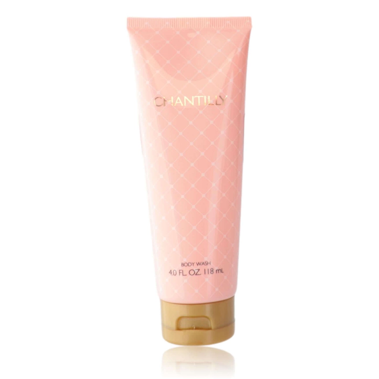 Chantilly by Dana, 4 oz Body Wash for Women in a pink tube with gold accents.