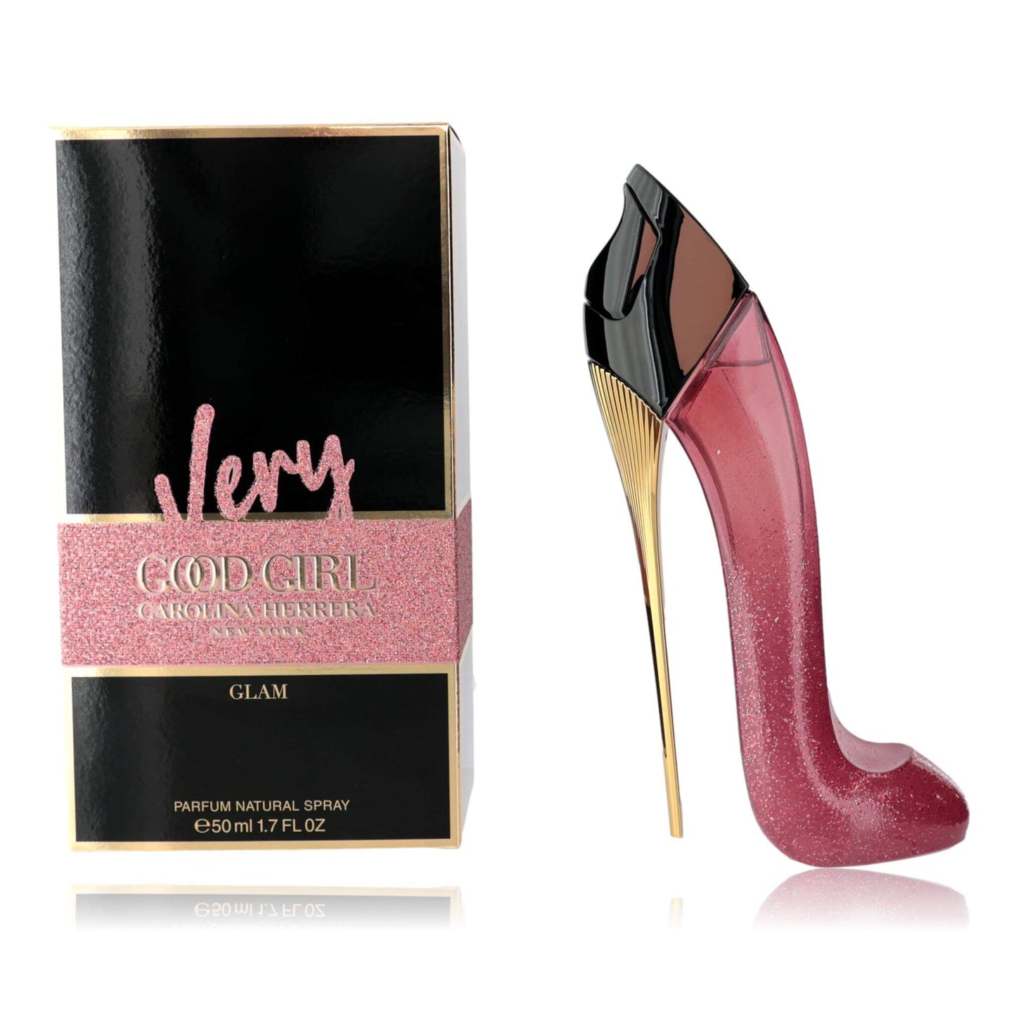 Carolina Herrera Very Good Girl Glam perfume spray: pink glitter heel bottle, gold cap, boxed 1.7oz