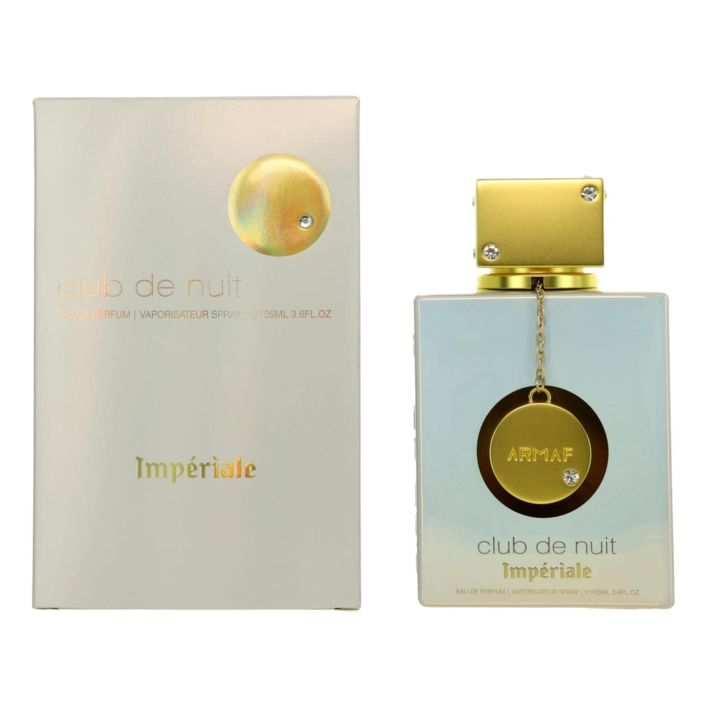 Women’s EDP spray bottle with box, light blue glass and gold cap.