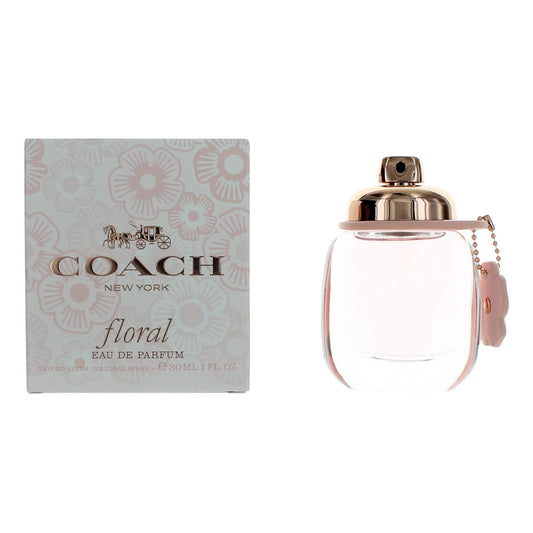 Floral EDP perfume spray bottle with pink liquid and decorative cap, paired with product box