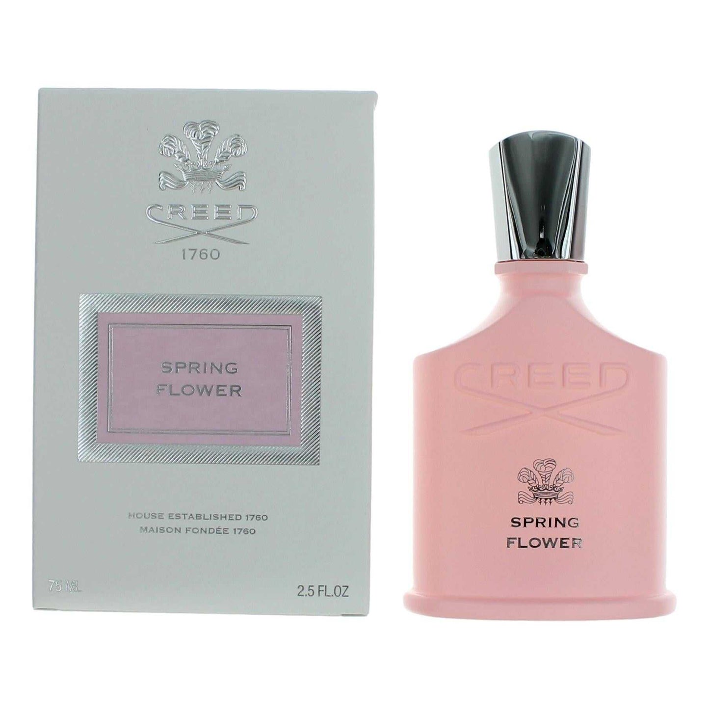 Women's EDP spray bottle with pink glass and silver cap, shown with matching box.