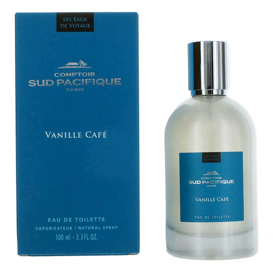 Women's vanilla-scented eau de toilette spray: glass bottle with silver cap and blue box