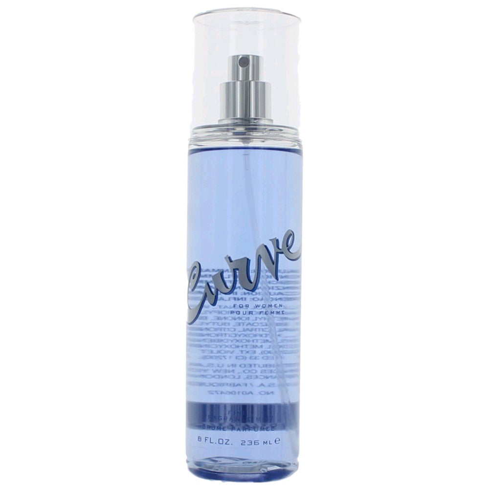 Curve fine fragrance mist bottle with silver spray and light blue liquid, 8 fl oz