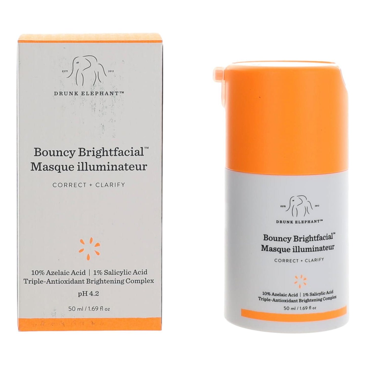Drunk Elephant Bouncy Brightfacial face mask box and orange pump bottle, 1.69 oz