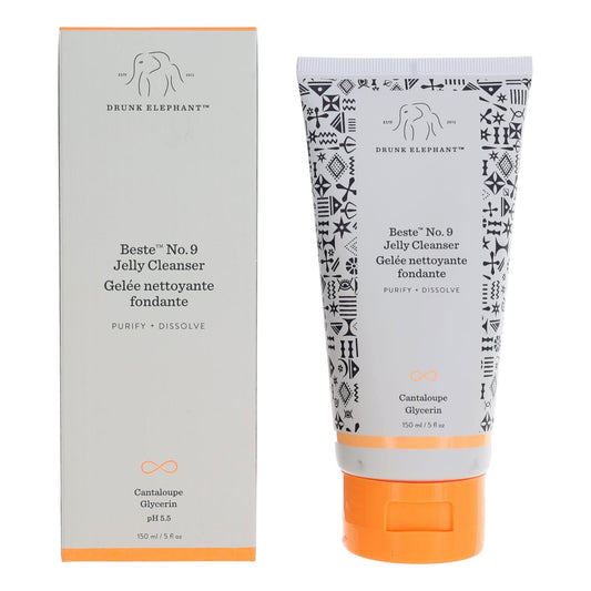 Facial cleanser tube and box, white tube with orange cap, patterned label