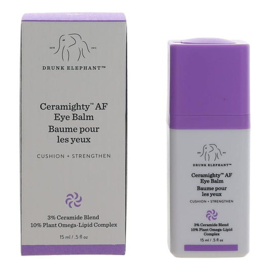 Drunk Elephant Ceramighty AF eye balm tube and box, purple and gray balm container