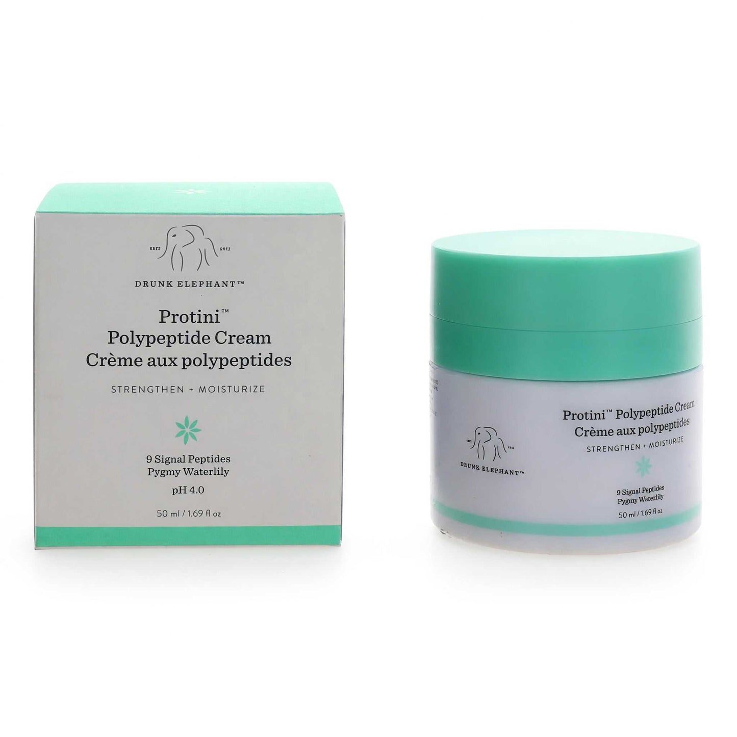 Turquoise face cream jar and matching cardboard box, peptide moisturizing cream